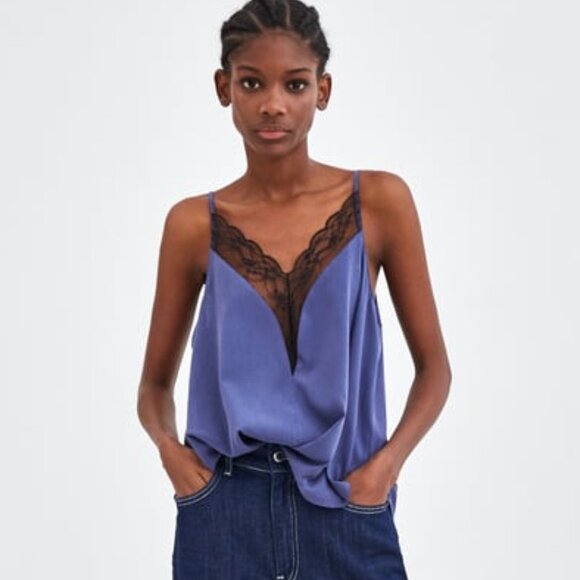 ZARA | Navy Blue Lace Lingerie Style Tank Top Sz L - Picture 1 of 7